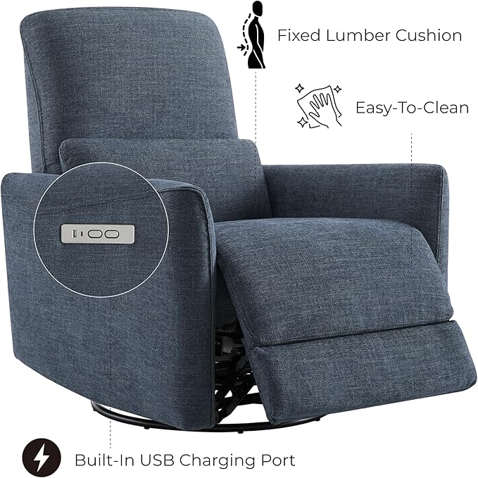 CHITA Power Recliner Chair Swivel Glider, FSC Certified Upholstered Fabric Living Room Nursery Reclining Sofa Chair with Lumbar Support, Ink Blue-Ruum Studio Home