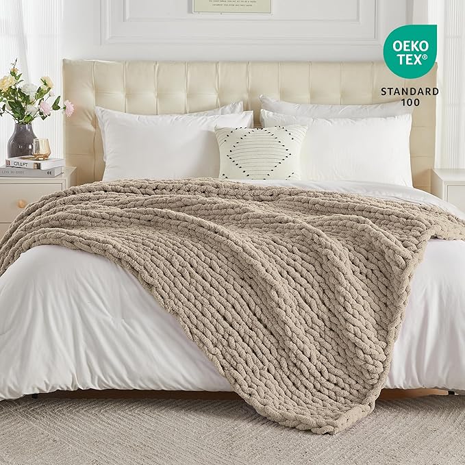 Carriediosa Chunky Knit Throw Blanket 50" X 60", 100% Hand Made Large Chenille Loop Yarn Soft Fluffy Throws for Couch Sofa Bed, Big Crochet Cozy Heavy Thick Cable Woven Blankets, Taupe-Ruum Studio Home