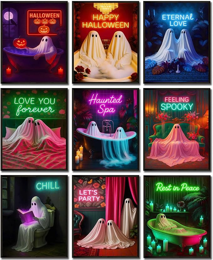 LANCHI95 Halloween Ghosts Wall Art Halloween Wall Art Gothic Romantic Couple Cute Ghost Wall Decor Pictures Horror Wall Decor for Living Room Bedroom, Set 9pcs - 8x10 in (UNFRAMED)-Ruum Studio Home