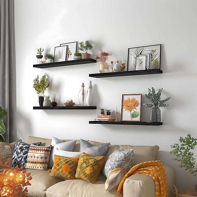 24 Inch Floating Shelves for Wall Rustic Black Wood Wall Shelves for Bedroom Set of 4-Ruum Studio Home