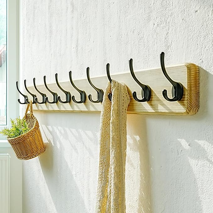 Dseap Coat Rack Wall: 38-1/4" Long, Patented, Heavy-Duty, 10-Double-Hooks Wooden Wall Mounted Coat Rack Coat Hanger Hook Rail for Winter Coats Hat Jacket Clothing, Light Brown, Pack of 2-Ruum Studio Home