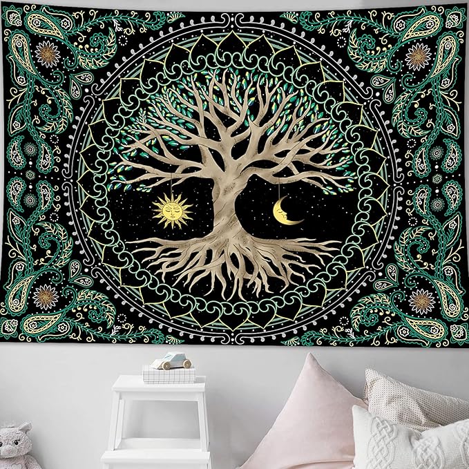 FORATER Tree of Life Tapestry Wall Hanging Aesthetic Sun and Moon Tapestry with Vintage Paisley Flowers Colorful Tree Wall Tapestries for Bedroom, Living Room, Dorm(61 x 82 inches, Multicolor)-Ruum Studio Home