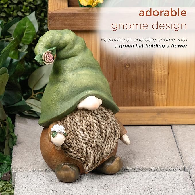 Alpine Corporation QWR1442 Outdoor Gnome with Green Hat Holding a Flower for Garden, Patio, and Lawn, 10" H, Multicolor-Ruum Studio Home