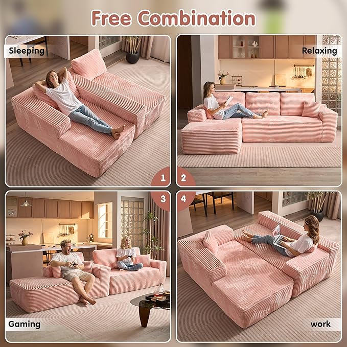 ovios 104" Cloud Sectional Couch with L-Shape Chaise,Modern Modular Sofa with Deep Seat, Upholstered Couches for Living Room Bedroom,No Assembly Required, Pink (Plush Corduroy Fabric)-Ruum Studio Home