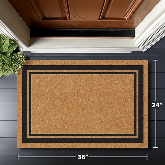 Barnyard Designs Natural Coco Coir Heavy Duty Backing Doormat - Large Cute Non-Slip Front Door Welcome Mat for Outside Entrance or Porch Entry, Brown (24x36, Border)-Ruum Studio Home