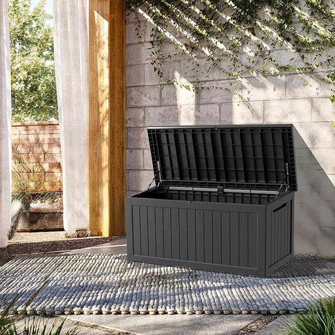 200 Gallon Lockable Resin Deck Box, Waterproof & UV-Resistant Outdoor Storage Box for Outdoor Cushion Storage, Garden Tools & Pool Accessories Storage, Black-Ruum Studio Home