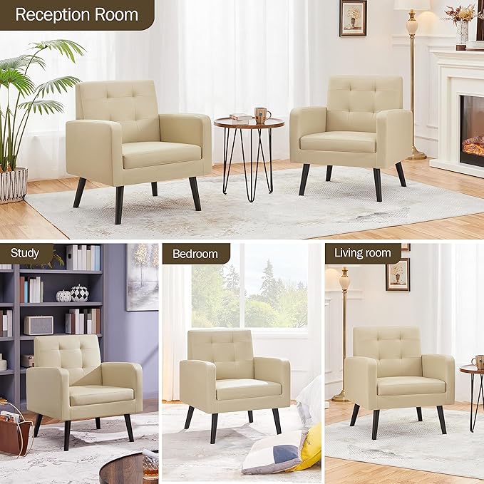 Yaheetech Mid-Century Accent Chairs, PU Leather Modern Upholstered Living Room Chair, Cozy Armchair Button Tufted Back and Wood Legs for Bedroom/Office/Cafe Beige 2PCS-Ruum Studio Home