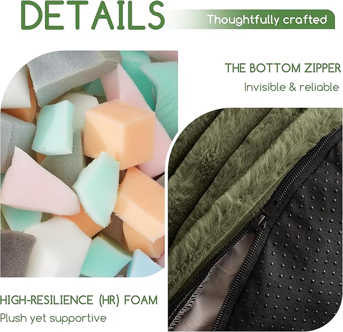 HIGOGOGO Round Stuffed Pouf Ottoman, Stripe Faux Fur Poufs with Foam Chunk Filling, Furry and Fluffy Pouf Foot Stool Storage Ottoman, 26 X 18 Floor Poufs Foot Rest for Living Room, Green-Ruum Studio Home