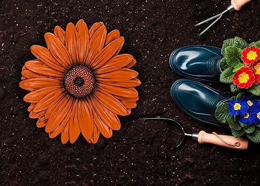 NAT & Jules Gerbera Daisy Flower Shaped Dimensional Indoor Outdoor 12 inch Cast Resin Decorative Garden Stepping Stone, Patio, Walkway Sculpture Yard Art, Orange-Ruum Studio Home