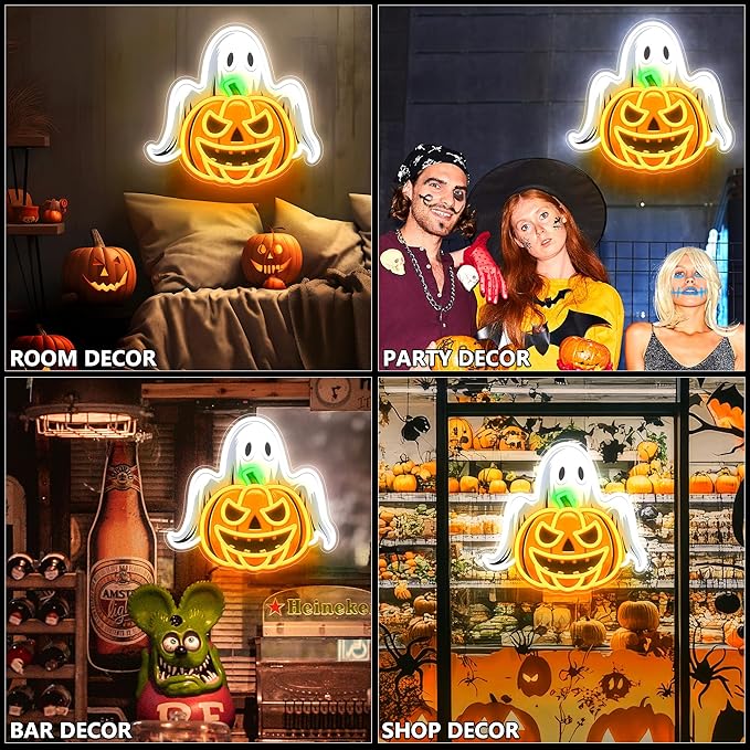 Spooky Glow Halloween Neon Signs for Wall Decor - Ghost & Pumpkin Led Neon Light Up Sign, Glow in Dark Indoor Decor for Porch Window Home Bar Party, Scary Halloween Decorations Gifts for Kids-Ruum Studio Home