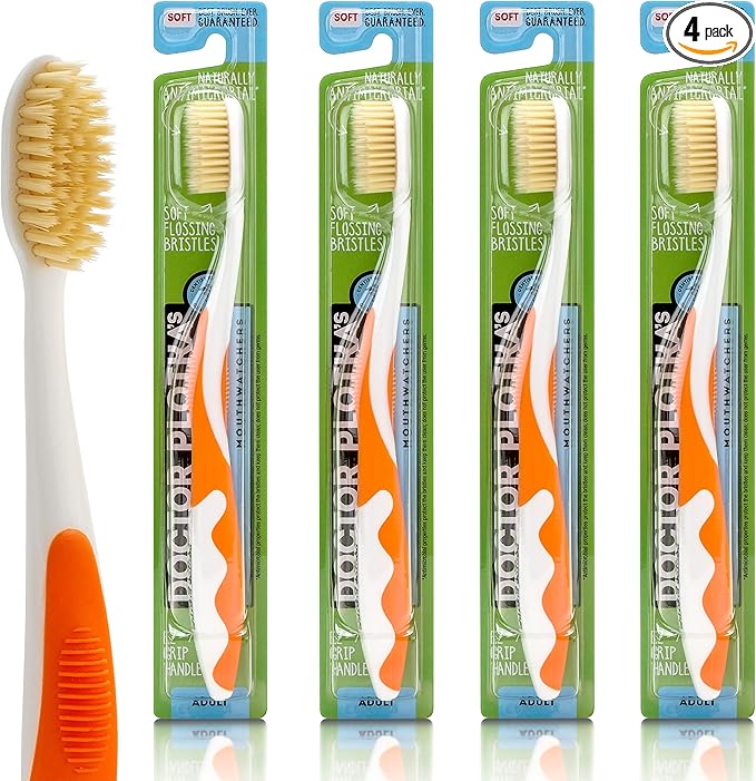 MOUTHWATCHERS Soft Flossing Toothbrushes, Value Pack of 4, Orange, Manual Toothbrush for Adults, Ultra Clean, Good for Sensitive Teeth and Gums, by Dr. Plotka's-Ruum Studio Home