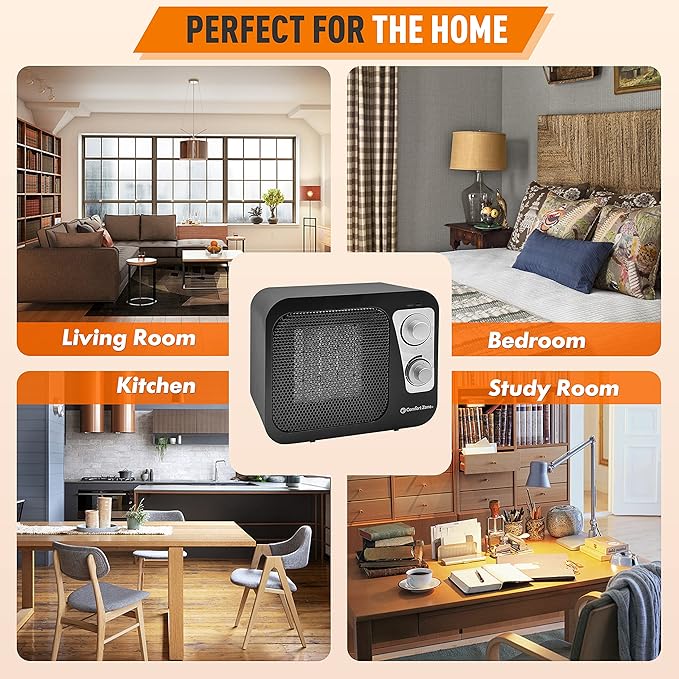 Comfort Zone Space Heaters for Indoor Use, Portable Heater, Fast Heating, Electric Heater, Thermostat, Retro Design, Bedroom Heater with Overheat Protection, Safety Tip-Over Switch 1,500W, Black-Ruum Studio Home