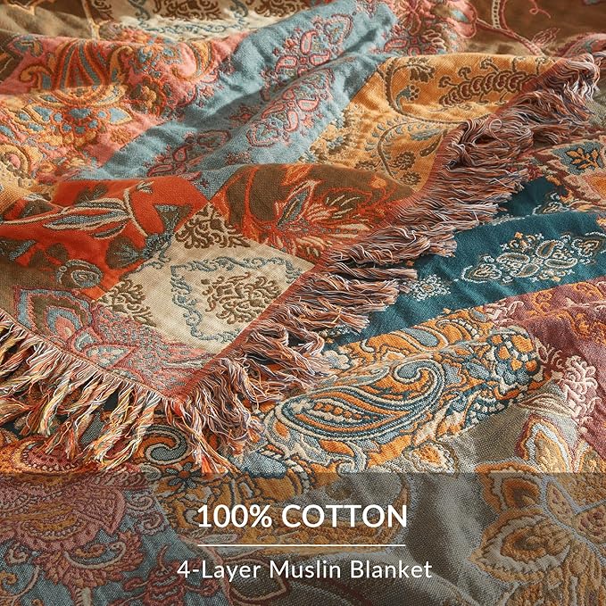 Boho Throw Blanket for Couch Sofa Bed, 100% Cotton Woven Quilt with Tassel 60”x80”, Super Soft Muslin Blanket with Floral Printed, Decorative Reversible Bed Blanket/Cover for All Seasons-Ruum Studio Home