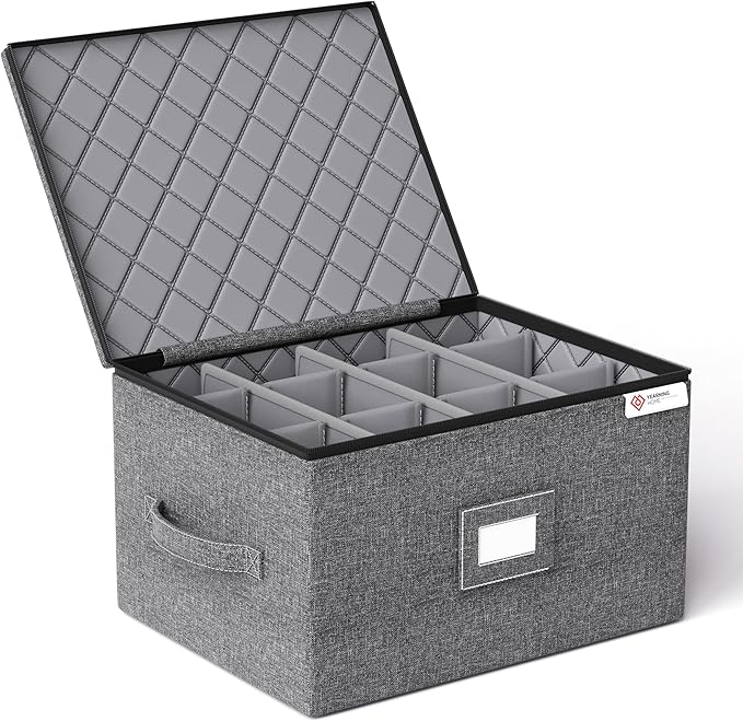 YearningHome Wine Glass Storage Box with Dividers,Hard Shell and Stackable Stemware Storage Containers with Sturdy Handle for Glassware Crystal Storage and Transport,Grey,Holds 12-Ruum Studio Home