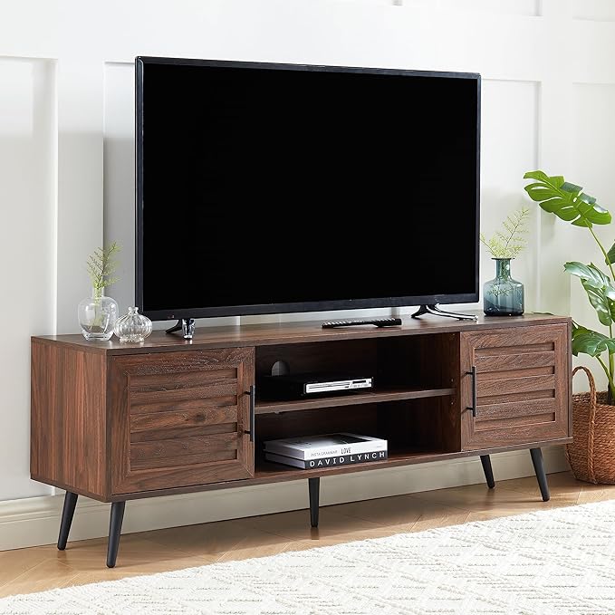 Mid Century Wooden TV Stand Entertainment Console with Open Shelving and 2 Cabinets for Televisions up to 65 Inches(Dark Walnut)-Ruum Studio Home