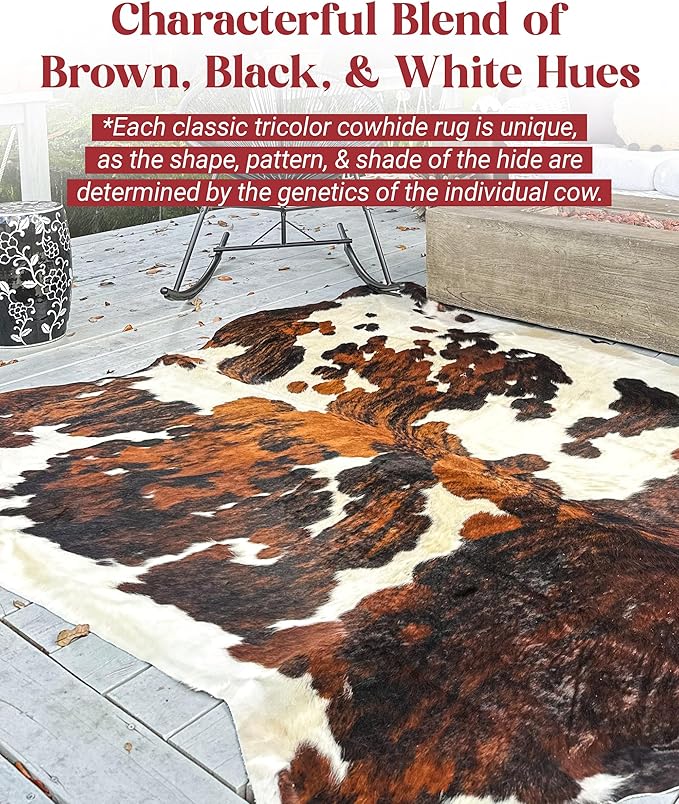 Tricolor Cowhide Rug Classic Brown, Black and White Color Mix, Natural Leather Hide, Area Rug (5x7 ft)-Ruum Studio Home