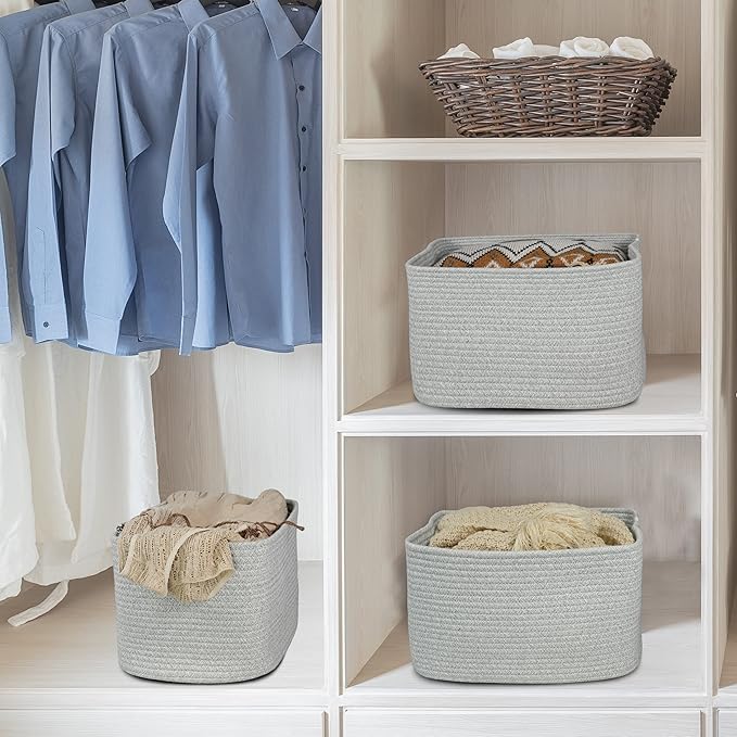 Cotton Rope storage Basket Bins Woven Basket for Organizing Shelves 14.5X9.5X9.3“ Rectangle Decorative Baskets For storage Clothes Toys Books Towels Square Wicker Nursery basket organizer 3 pack grey-Ruum Studio Home
