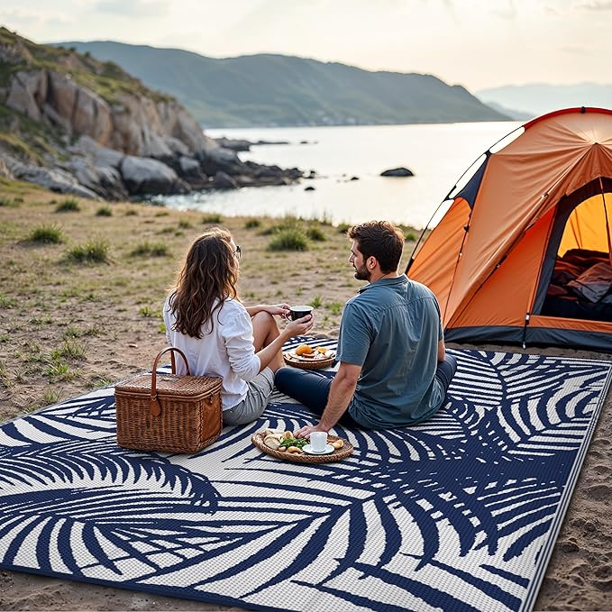 GENIMO Outdoor Rug 5' x 8' Waterproof for Patio Clearance, Reversible Plastic Straw Camping Carpet, Lightweight Mats for Rv, Backyard, Deck, Porch, Picnic, Beach, Balcony, Blue & White-Ruum Studio Home
