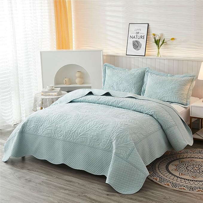 MarCielo 3-Piece 100% Cotton Oversized Bedspread Lightweight Quilt Coverlet Embroidery Farmhouse Bedding Set T0 (Aruba Blue, Oversized King (118"x106"))-Ruum Studio Home