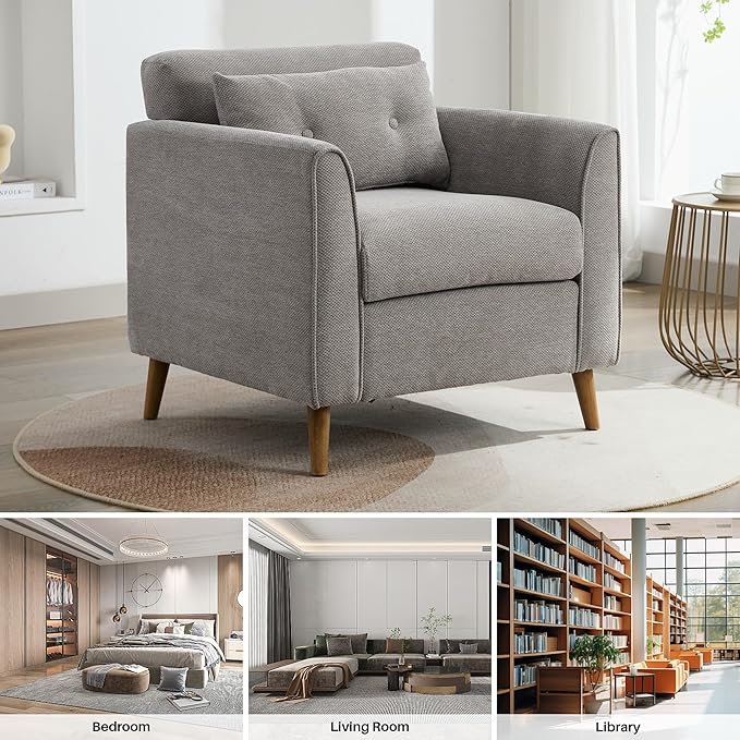 Mid Century Modern Accent Chairs, Chenille Grey Upholstered Armchair,Living Room Chairs with Wooden Legs, Side Single Sofa Chair for Bedroom, Office Cafe Waiting Room Apartment-Ruum Studio Home