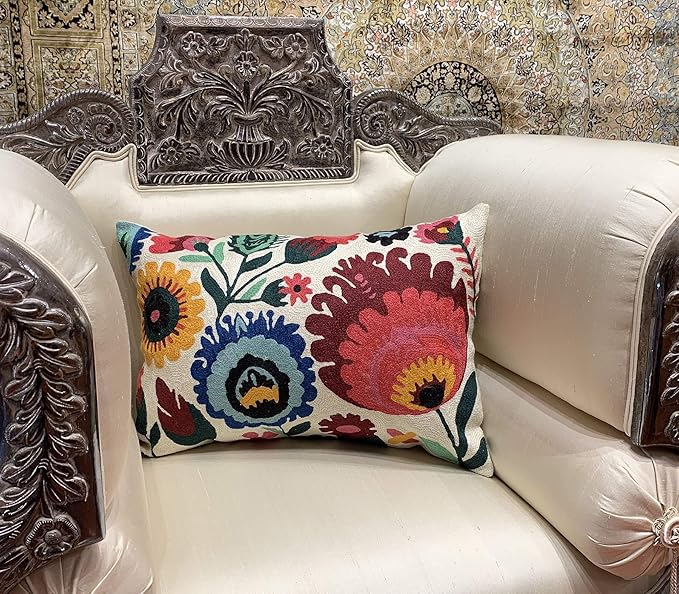 Lumbar Cream Floral Pillow Cover Polish Flower Accent Chair Pillowcase Couch Modern Farmhouse Couch Cushion Hand Embroidered Wool Size 14x20 Inch-Ruum Studio Home