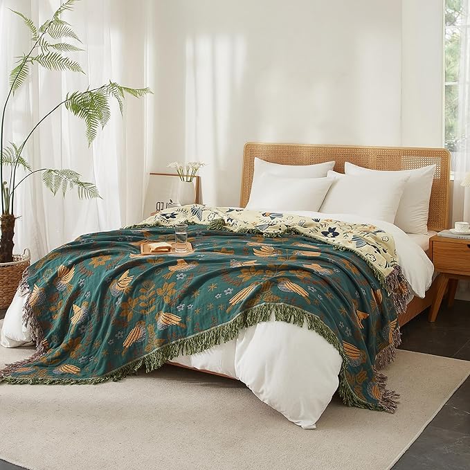 Boho Throw Blanket for Bed 90”x98”, 100% Cotton Woven Blanket for Couch Sofa, Ultra Soft 4-Layer Muslin Quilt with Bird Floral Printed, Farmhouse Bed Blanket/Cover for Living Room Decor-Ruum Studio Home