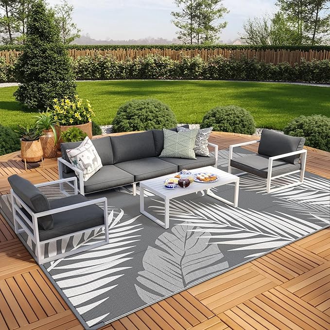 GENIMO Outdoor Rug 10' x 14' Waterproof for Patios Clearance, Reversible Outdoor Plastic Straw Camping Rug Carpet, Large Area Rugs Mats for RV, Camper, Deck, Balcony, Porch, Beach, Picnic, Grey&White-Ruum Studio Home