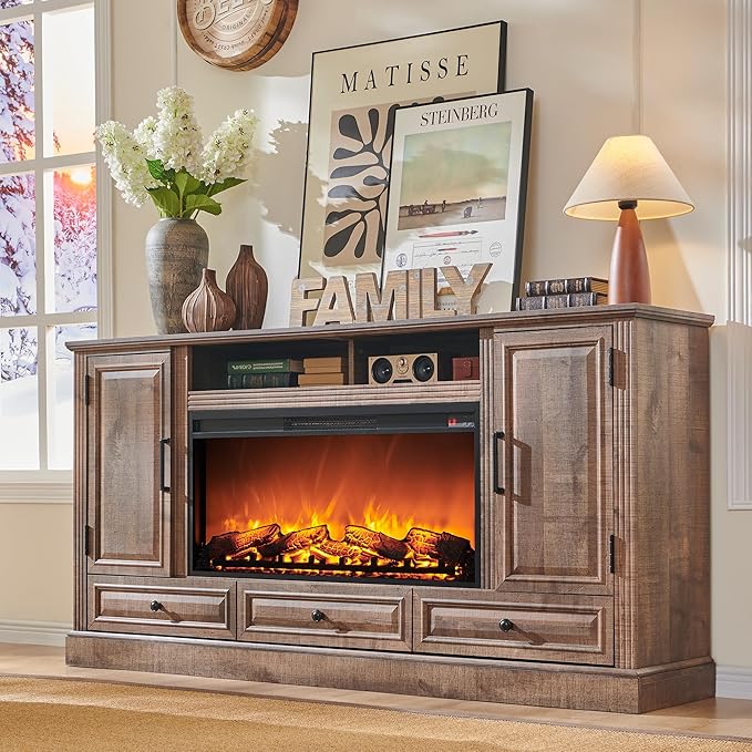 Fireplace TV Stand for 80 Inch TV, 35.7" Tall Farmhouse Entertainment Center W/36'' Electric Fireplace, Media Console with Large Storage Cabinets and Drawers for Living Room, Light Brown-Ruum Studio Home