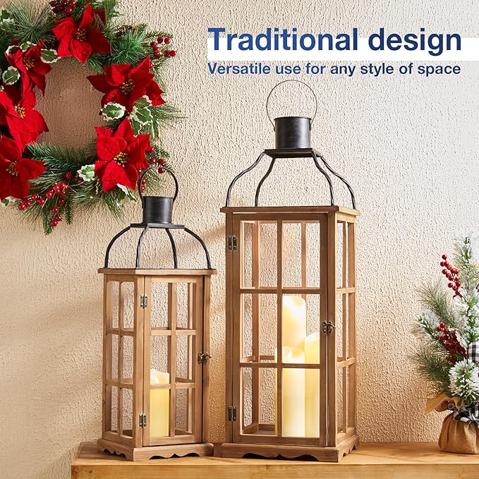 Glitzhome Set of 2 Oversized Farmhouse Wood Lanterns with Metal Top Decorative Hanging Candle Lanterns for Home Décor, Natural (No Glass)-Ruum Studio Home