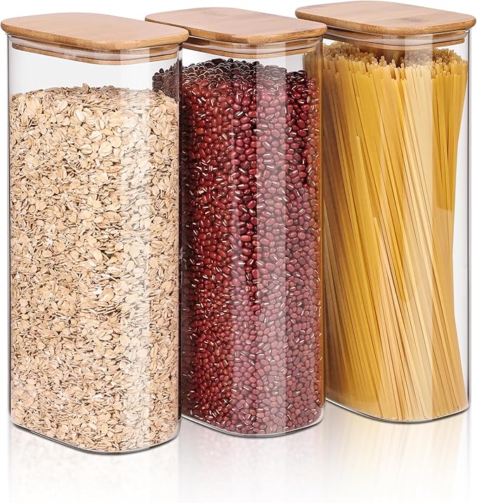 Liuruiyu Glass Storage Jars Set of 3, Clear Glass Food Storage Containers with Airtight Bamboo Lid Stackable Kitchen Canisters for Candy,Cookie,Rice,Sugar,Flour,Pasta(Flat)-Ruum Studio Home