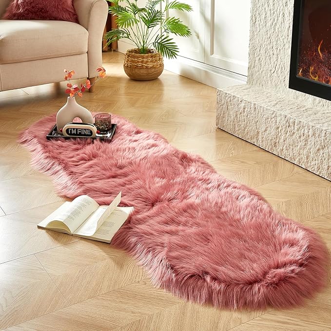 AMTOVO Faux Sheepskin Rug, Blush Pink Ultra Soft Fluffy Shag Area Rug, 2 x 6 ft Faux Fur Rug for Bedroom Sofa Throw Cushion Room Decor, Sheepskin-Ruum Studio Home