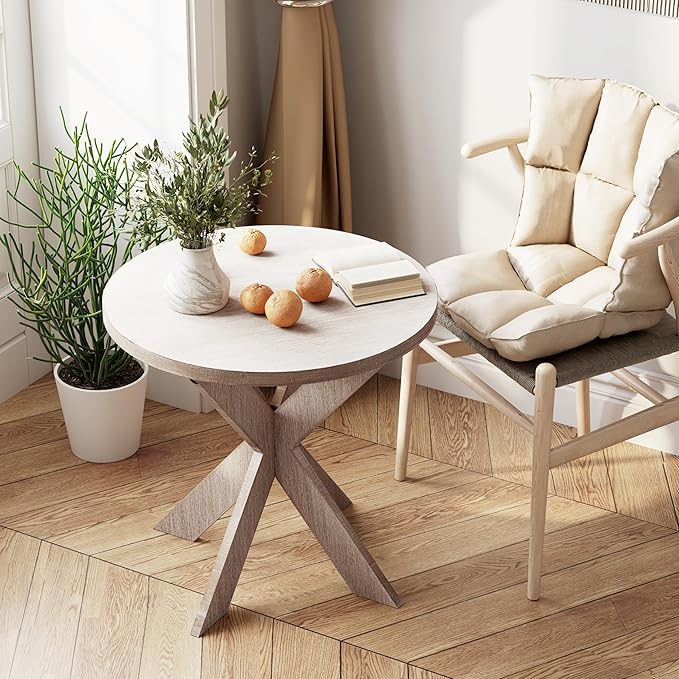 Farmhouse Cross Leg end Table, French Country Accent Side Table for Family, Dinning or Living Room, Small Spaces, Modern, Round, Vintage Grey Finish.-Ruum Studio Home
