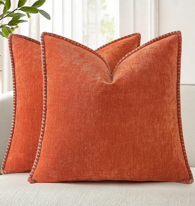 decorUhome Fall Chenille Soft Throw Pillow Covers 22x22 Set of 2, Farmhouse Velvet Neutral Decorative Euro Pillow Covers with Stitched Edge for Couch Sofa Bed Home Decor, Rust-Ruum Studio Home
