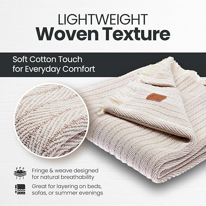 Gold Case Throw Blanket for Couch – 100% Recycled Turkish Cotton Blankets & Throws – Elegant Decorative Throw Blankets for Living Room Sofa – Woven Throws for Couch – Vintage Beige – 50x60-Ruum Studio Home