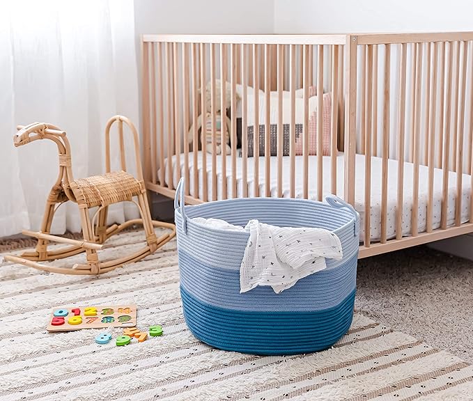 OrganiHaus Toy Storage Basket for Kids, Large Cotton Rope Organizer Bin for Nursery, Toy Box, Blanket Holder, Baby Hamper for Living Room, Soft & Washable, 20x13 inches - Blue-Ruum Studio Home