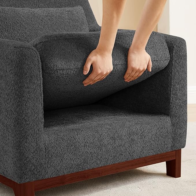 Extra Deep Accent Chair, Comfy Fabric Armchair with Wood Base, Upholstered Single Sofa Chair for Living Room & Bedroom, Boucle Dark Gray-Ruum Studio Home
