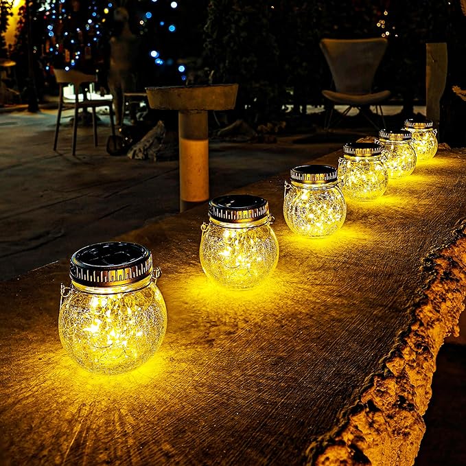 Cooo 6 Pack Crackle Glass Solar Lantern with 30 LED Firefly Lights– Waterproof Outdoor Hanging Lamp 215% Larger Solar Panel, Anti-Rust Lids Decorative Lighting for Garden Patio Table-Ruum Studio Home