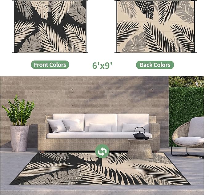 GENIMO Outdoor Rug 6' x 9' Waterproof for Patios Clearance, Reversible Outdoor Plastic Straw Camping Rug Carpet, Large Area Rugs Mats for RV, Camper, Deck, Balcony, Porch, Beach, Picnic, Black&Beige-Ruum Studio Home