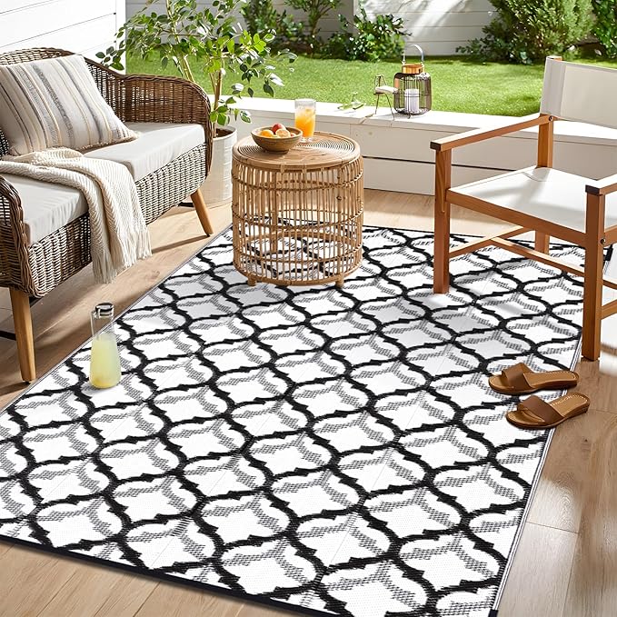 OLANLY Reversible Outdoor Rug 9x12 ft Clearance, Waterproof Outdoor Plastic Straw Rug with Interlacing Pattern, RV Mat for Patio, Camping, Balcony, Deck, Backyard, Black & White-Ruum Studio Home