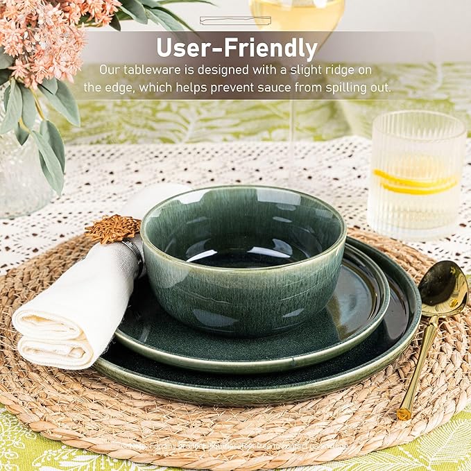 GBHOME Ceramic Dinnerware Sets for 6, 18 Pieces Stoneware Plates and Bowls Sets, Reactive Glaze Dishes -Scratch Resistant, Dishwasher&Microwave Safe, Earth Green-Ruum Studio Home