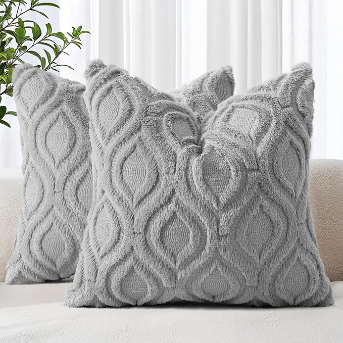 decorUhome Fall Throw Pillow Covers 26x26 Inch Set of 2, Soft Plush Decorative Faux Fur Grey Solid Couch Pillow Covers, Accent Farmhouse Neutral Square Euro Pillow Cases for Sofa Bed Living Room-Ruum Studio Home