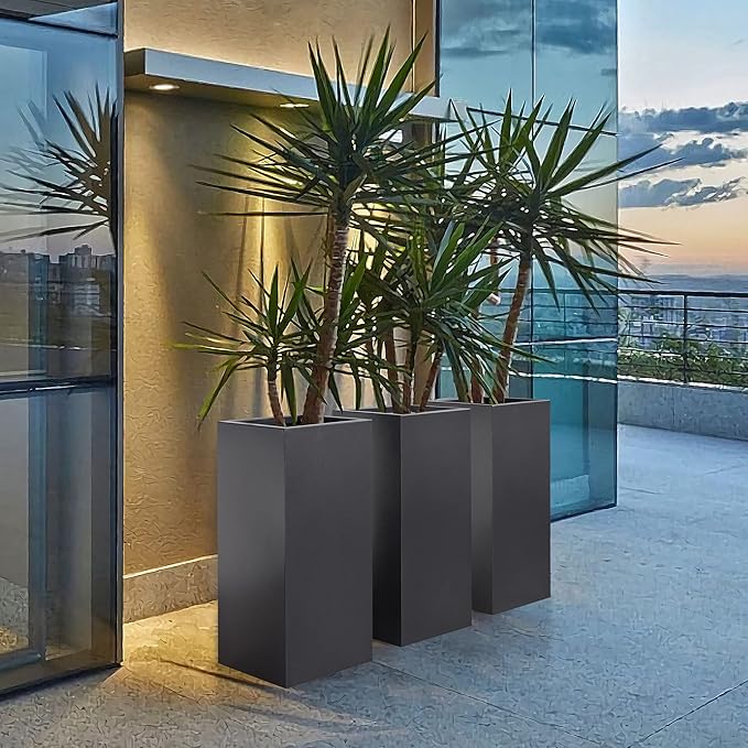 Metallic Heavy Tall Outdoor/Indoor Planter Box, Seamless Metal Planter, Rectangular, 14”Lx14”Wx30”H, 25 Pounds, Dark Gray, No Assembly, 1 Pack-Ruum Studio Home