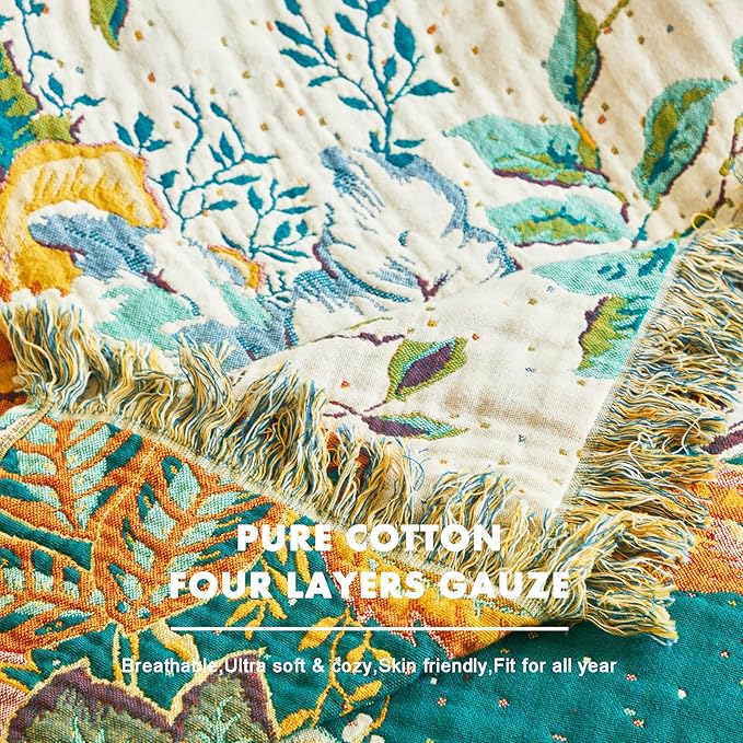 MSGKV Boho Throw Blanket for Couch Bed Chair 100% Cotton Muslin Breathable Vine Embroidery Blanket 50"x60" Sofa Blankets for All Seasons Lightweight Farmhouse Blankets Boho Home Decor-Ruum Studio Home