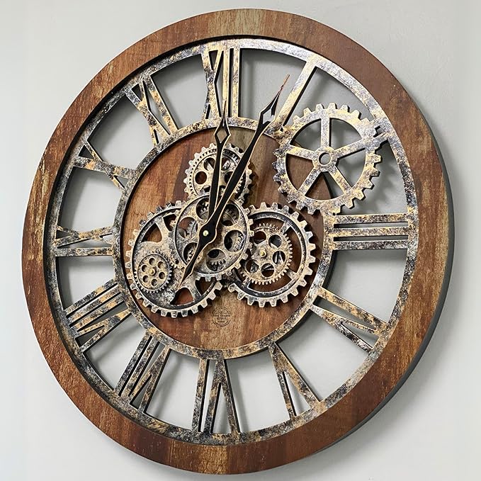 The Gears Clock The Original Real Moving Gear Wall Clock Vintage Industrial Oversized Rustic Farmhouse (24 inch (60cm), Vintage Brown)-Ruum Studio Home
