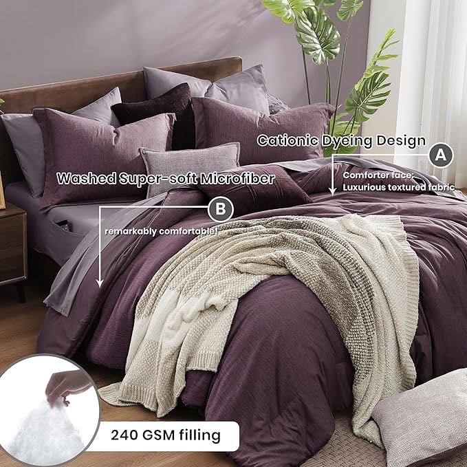 Monbix Full Size Comforter Set, Italian Plum Bedding Comforter for Full Size Bed Set Reversible, Bedding Sets Full 7 Pieces, Cationic Dyeing Bed in a Bag with Comforter, Sheets, Pillowcases & Shams-Ruum Studio Home
