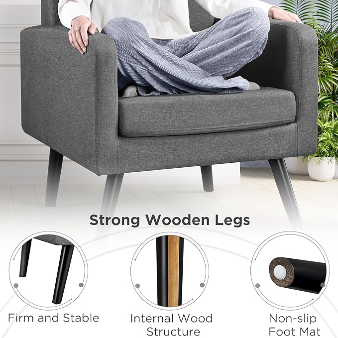 Yaheetech Mid-Century Accent Chairs, Modern Upholstered Living Room Chair, Cozy Armchair Button Tufted Back and Wood Legs for Bedroom/Office/Cafe, Set of 2, Gray-Ruum Studio Home