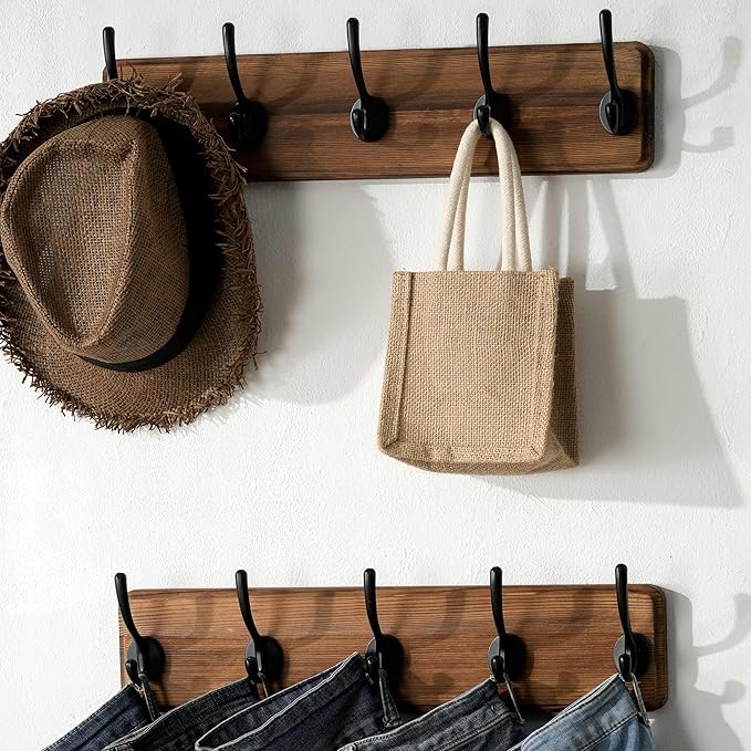 SKOLOO Rustic Wall Mounted Coat Rack, Case of 2, Pine Solid Wood Coat Hook Hanger - 5 Hooks for Hanging Clothes Robes Towels Coats-Ruum Studio Home
