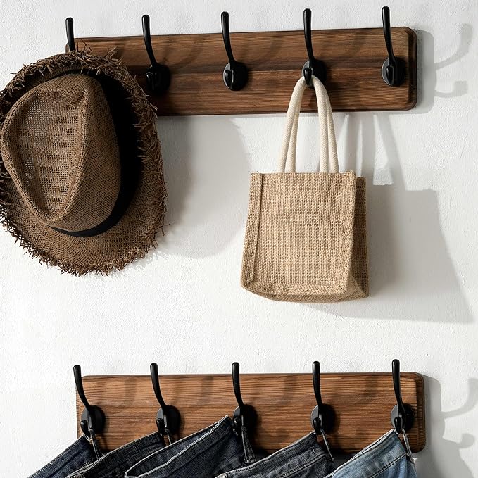 SKOLOO Rustic Wall Mounted Coat Rack with 16 Inch Mounting Hole Distance, Pine Solid Wood Coat Hook Hanger - 5 Hooks for Hanging Clothes Robes Towels Coats-Ruum Studio Home