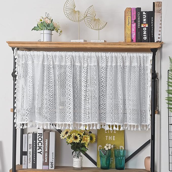 Sutuo Home Boho Sheer Curtain Valance Tier Crochet Lace with Bohemian Hollow Knitted Handmade Tassels, Short Farmhouse Window Treatment for Kitchen Cafe, Rod Pocket, 1 Panel 59" W x 36" L, White-Ruum Studio Home