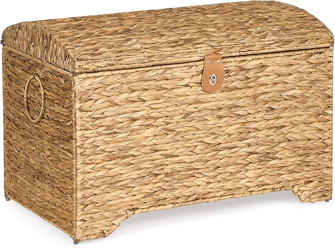 Handwoven Storage Basket with Lid, 178L Wicker Storage Bin, Natural Water Hyacinth, Leather Buckle & Metal Frame, Metal Ring Handles for Easy Transport, Storage Chest & Trunk for Bedroom, Living Room-Ruum Studio Home